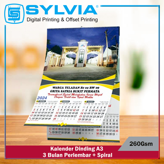 Kalender Dinding A3 3 Bulan Perlembar 260Gsm + Spiral