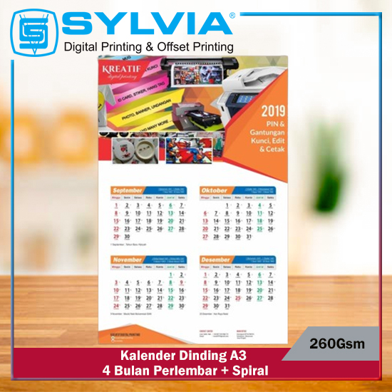 Kalender Dinding A3 4 Bulan Perlembar 260Gsm + Spiral