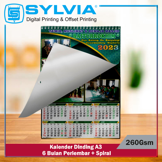 Kalender Dinding A3 6 Bulan Perlembar 260Gsm + Spiral